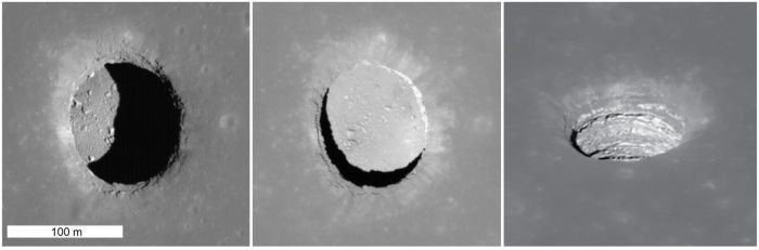 Zawalisko na obszarze morza spokoju (Mare Tranquillitatis) uwiecznione pod różnymi kątami przez orbiter księżycowy LRO (Lunar Reconnaissance Orbiter) (NASA/GSFC/Arizona State University)