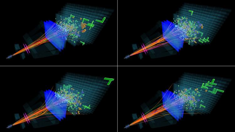 Visualisation of secondary particle streams recorded by the LHCb detector in a few proton-proton collisions. (Source: LHCb Collaboration / IFJ PAN)